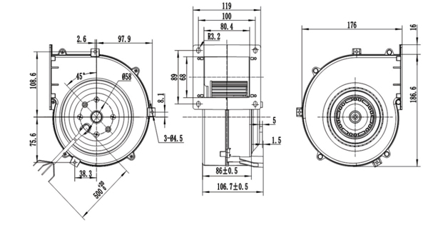 Dimension of DG120C-D072A Forward Curved Single Inlet Centrifugal Fan Φ 120-62