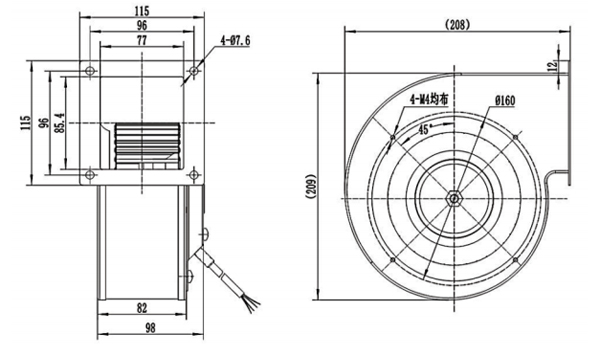 Dimension of DG160B-D092A Forward Curved Single Inlet Centrifugal Fan Φ 160-62 Dimension of DG160B-D092A Forward Curved Single Inlet Centrifugal Fan Φ 160-62