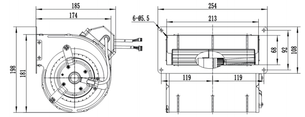 Dimension of SF133A-E092A3-01 EC133 Forward Curved Double Inlet Centrifugal Fan Blower Φ 133-190 Dimension of SF133A-E092A3-01 EC133 Forward Curved Double Inlet Centrifugal Fan Blower Φ 133-190