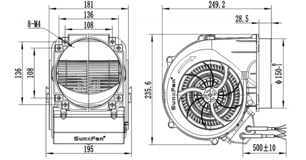 Dimension of SF146A-E092-02 EC146 Forward Curved Double Inlet Centrifugal Fan Blower Φ 146-150
