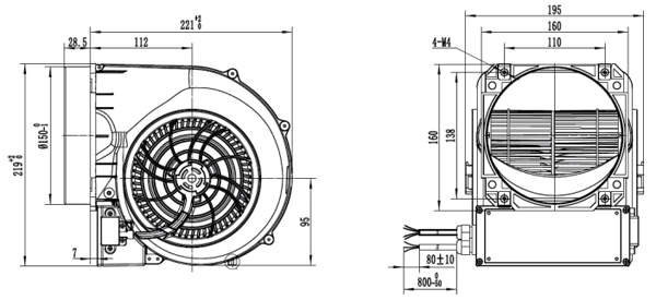 Dimension of SF146D-E092B3-03 EC146 Forward Curved Double Inlet Centrifugal Fan Blower Φ 146-150