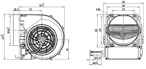 Dimension of SF146D-E092A0-02 DC146 Forward Curved Double Inlet Centrifugal Fan Blower Φ 146-150