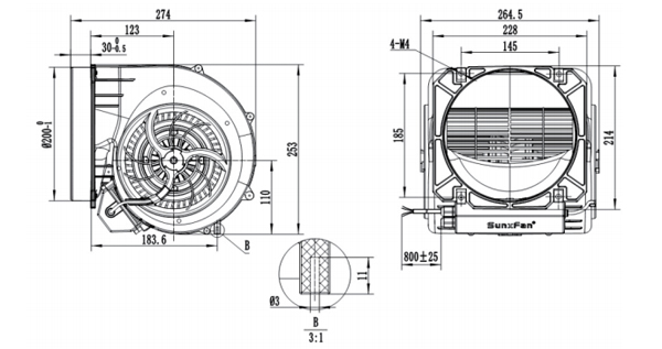 Dimension of SF160D-E092B3-42 EC160 Forward Curved Double Inlet Centrifugal Fan Blower Φ 160-200 Dimension of SF160D-E092B3-42 EC160 Forward Curved Double Inlet Centrifugal Fan Blower Φ 160-200