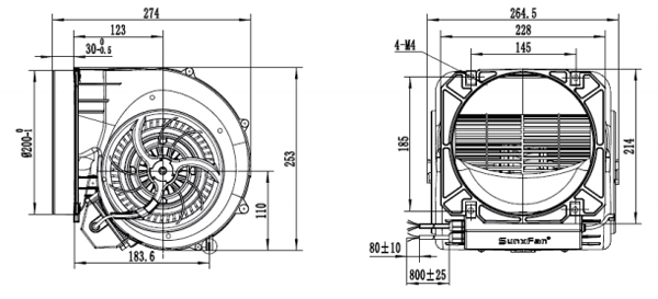 Dimension of SF160D-E092B3-02 EC160 Forward Curved Double Inlet Centrifugal Fan Blower Φ 160-200