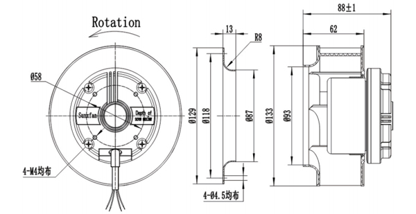 Dimension of Backward Curved Fan 2 Speeds Stages Φ 133