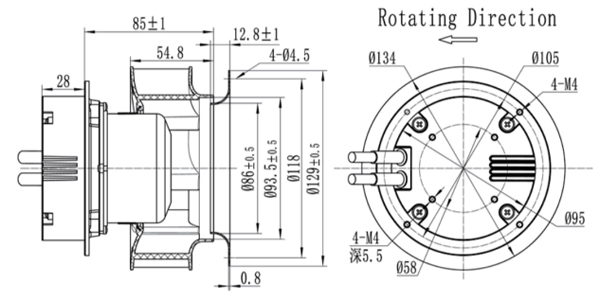 Dimension of BC133A-E072A3 Backward Curved Fan Φ 133-55