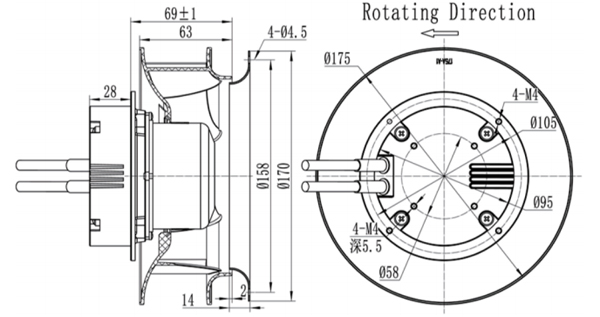 Dimension of BC175A-E072B3 Backward Curved Fan Φ 175-62