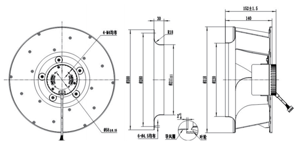 Dimension of BC310A-D092B Backward Curved Fan Φ 310-140
