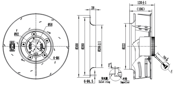 Dimension of BC310B-D092A Backward Curved Fan Φ 310-106