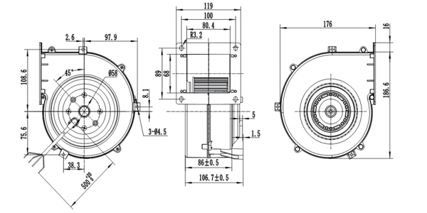 Dimension of DG120C-A092A2 Forward Curved Single Inlet Centrifugal Fan Φ 120-62 Dimension of DG120C-A092A2 Forward Curved Single Inlet Centrifugal Fan Φ 120-62
