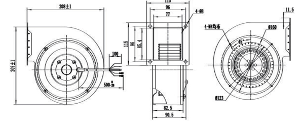 Dimension of DG140A-A092 Forward Curved Single Inlet Centrifugal Fan Φ 140A-62